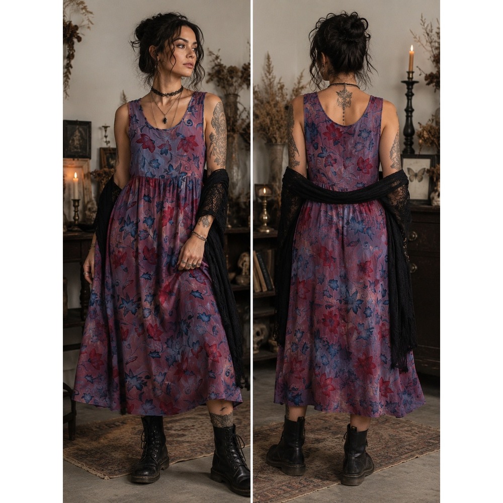 Boho Whimsigoth Y2K 90s Festival Hippie Purple Blue Floral Tie Dye Maxi S Dress